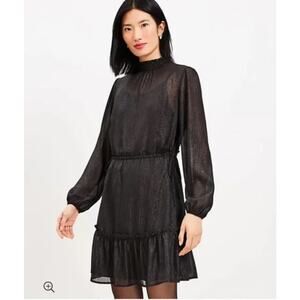 LOFT Black Shimmer Tiered Mini Dress Ruffle Neck Long Sleeve Size M NWOT